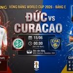 Đồ họa ảnh bìa trước trận đấu World Cup 2026 giữa Đức và Curacao, hiển thị Jamal Musiala và Tahith Chong trên nền chia đôi màu sắc quốc kỳ và logo Gavang TV ở góc.