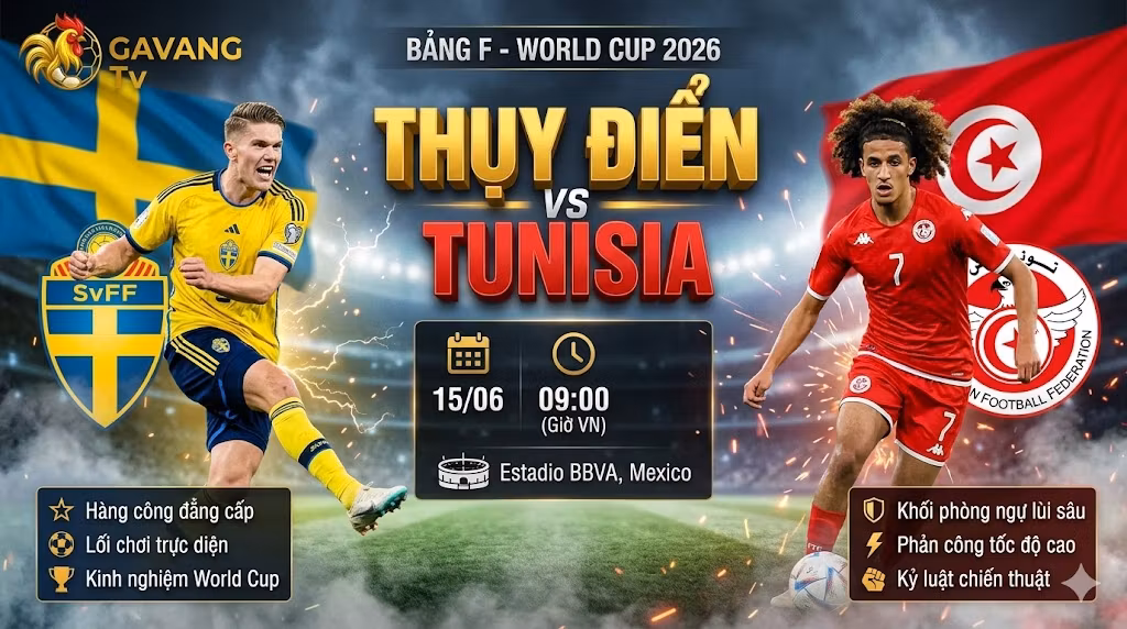 Ảnh bìa nhận định bóng đá trận Thụy Điển vs Tunisia tại bảng F World Cup 2026 trên Gavang TV.